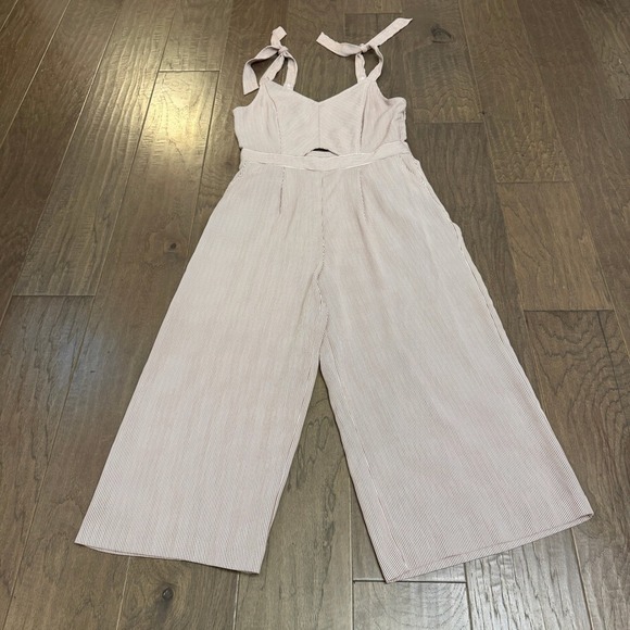 KAARI blue Striped Wide Leg Jumpsuit Cutout Tie Shoulders Cropped - Picture 2 of 9